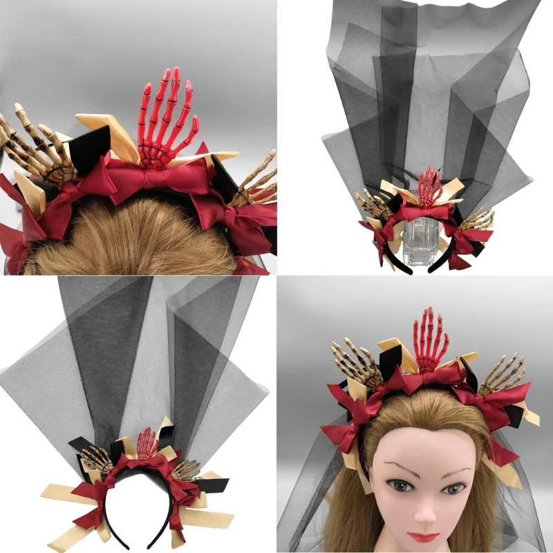 

Готическая повязка на голову для Хэллоуина в прямом эфире, женская повязка на голову для фотосессий с бантом и черной пряжей, на