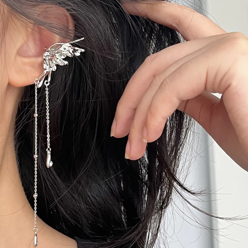 Angel Wings Liquid Metal Butterfly Tassel Ear Cuff Non Piercing Earrings Trendy Punk Design Female Long Ear Clip Jewelry ear clip earrings,clip earrings,ear clip