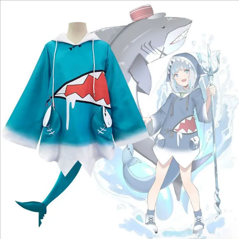 

Anime Hololive Gawr Gura Cosplay Costume ENG Shark Costume Aldult Women Hoodie Halloween Youtuber Gradient Wig Pajamas Set