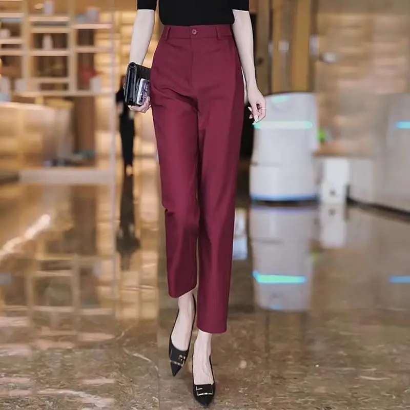 2024 Spring Summer New Minimalist Commute Women's High-waisted Button Solid Color Straight Versatile Work Wear Harlan Suit Pants