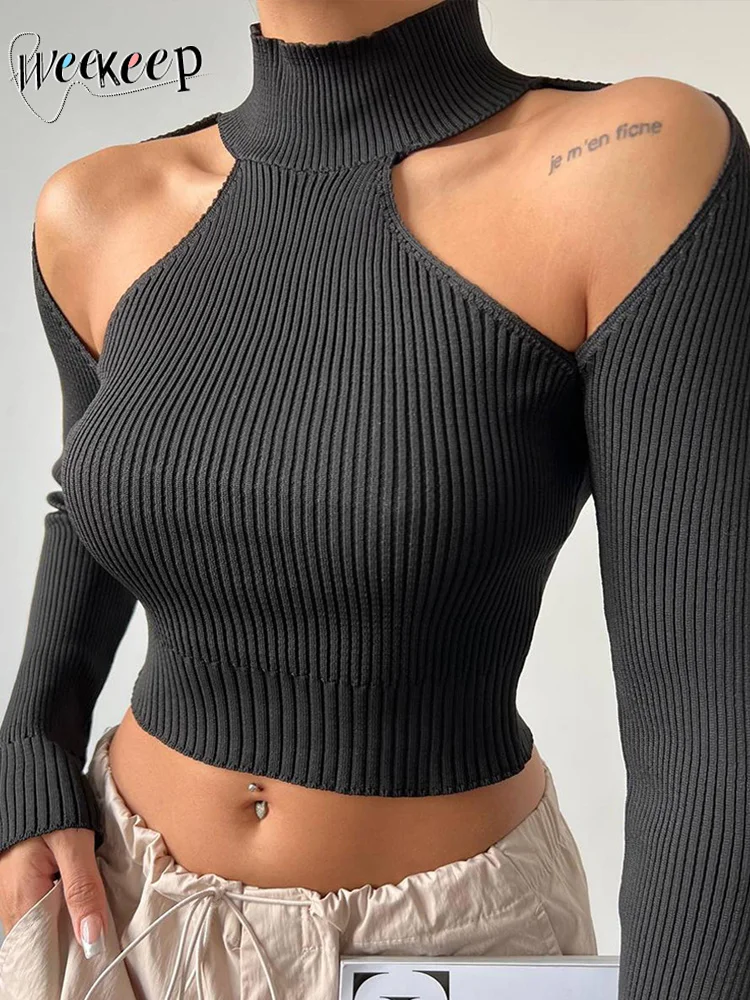 Weekeep Black Cut Out Women T shirt Turtleneck Off Shoulder Skinny