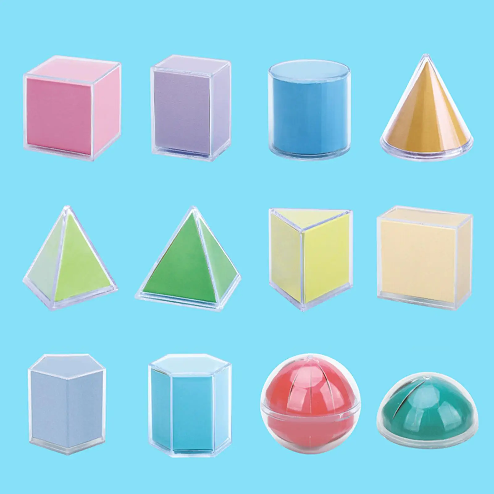 12x Geometric Shapes Montessori Teaching Aids Transparent 3D Geometric Solids Pattern Blocks for Preschool Home Kindergarten