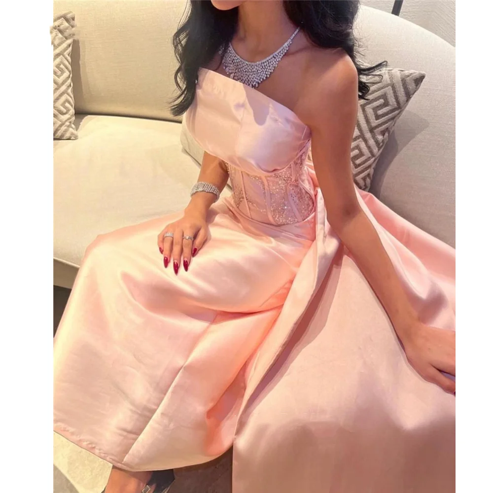 

Baby Pink Strapless Satin Prom Dresses Saudi Arabic Off Shoulder Sequin Dubai Abendkleider Evening Gowns Formal Party 2023