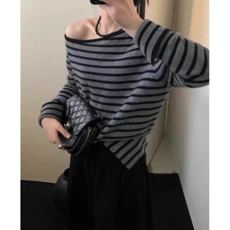 Fashion Striped Long Sleeve Tops Casual Gentle Slanted Shoulder Knitted Pullover Sweater Autumn Women Loose Casual Thin Clothing
