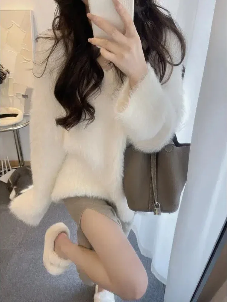 

French Style Lazy Loose Pullovers Women Knitting Winter Warm Solid Sweet Aesthetics Temper Girlish All-match Romantic Pull Femme