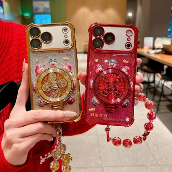 Red Tin Foil Festive Pattern with God of Wealth Rotating Bracket for iPhone 17 Promax 16 Plus 15 Pro 14 13 12 11 Phone Case