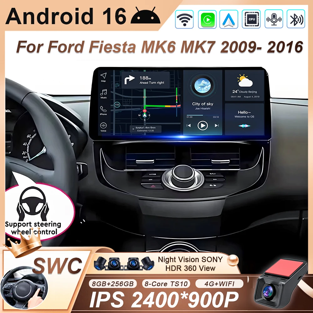 Radio de coche de 12.3 pulgadas con GPS, Carplay inalámbrico, pantalla QLED para Ford Fiesta MK6 MK7 2009-2016 LHD RHD, reproductor multimedia de video Android. 1