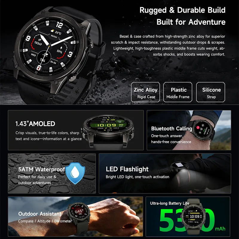 Nuovo Smartwatch Sportivo 2026 con Modalità Sport, Chiamate Wireless, Bussola, Altimetro, Torcia LED, Schermo AMOLED da 1,43 Pollici - Image 6