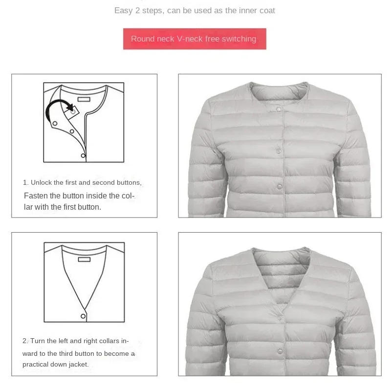 2024 New Women Liner Duck Down Jacket O-neck Variable V-neck Female Fall Spring Autume Collarless Light Quilted Puffer Coat 5