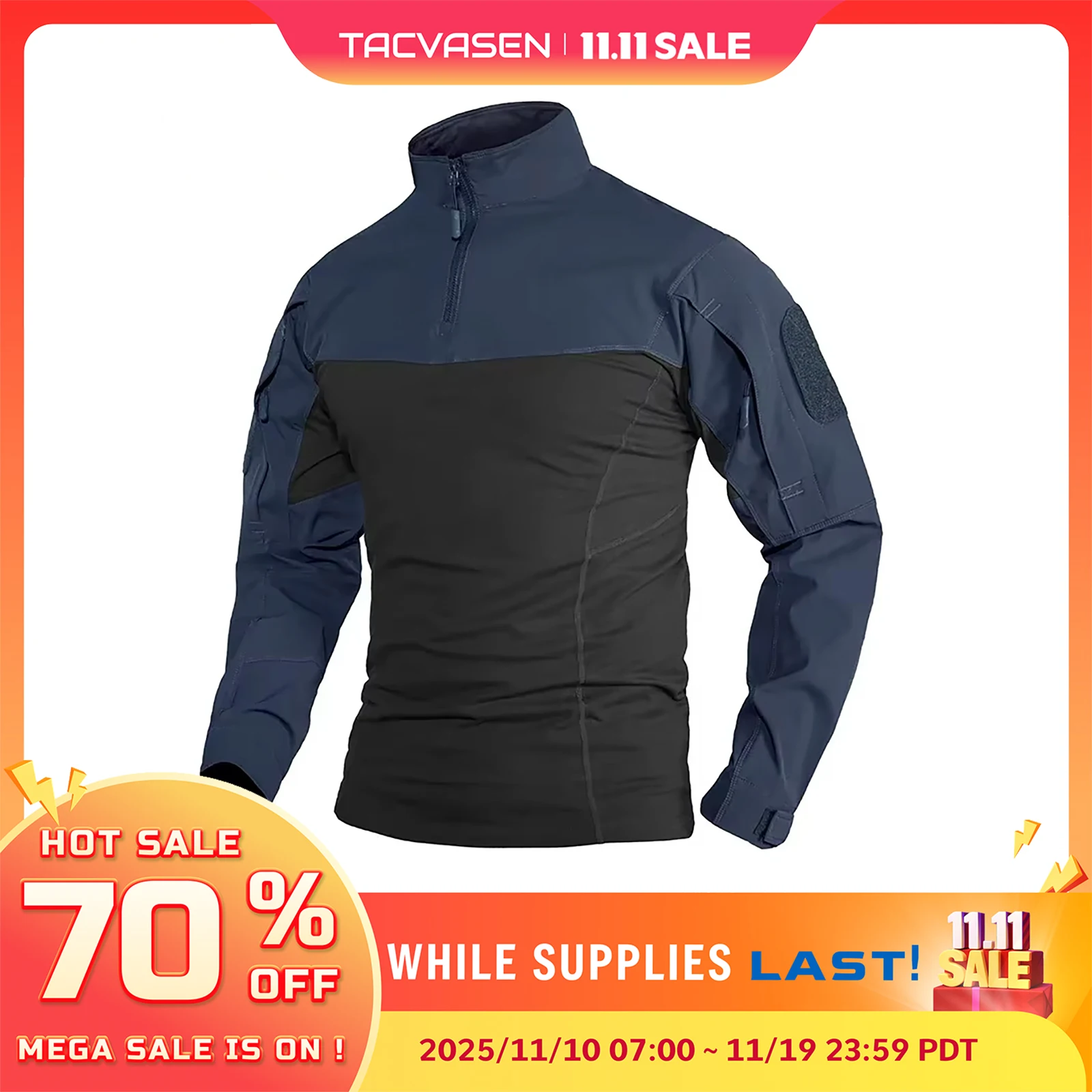 TACVASEN 남성용 1/4 지퍼 립스톱 티셔츠, 지퍼 포켓 포함, 긴팔 티셔..