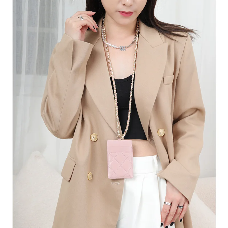Genuine Sheepskin Work Card Sleeve Diamond Lattice Leather ID Card Holder Student Access Badge with Lanyard and Neck Hook Thin