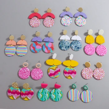 Unique Colorful Abstract Pattern Polymer Clay Earrings for Women Handmade Round Pendant Drop Earrings