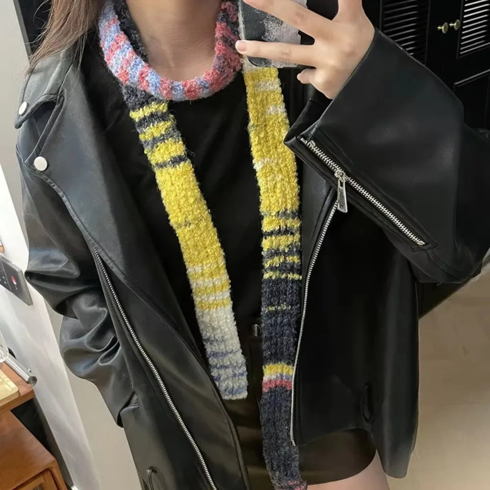 Y2K Multicolour Knitted Scarf Rainbow Stripe Comfortable Long Narrow Scarves Long Thin Scarf