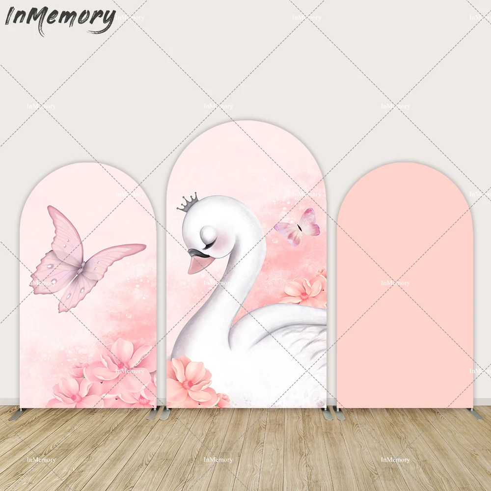 

Pink Butterfly Swan Arched Cover Backdrops for Baby Shower Party Decoration Floral Girl Birthday Arch Wall Photo Background