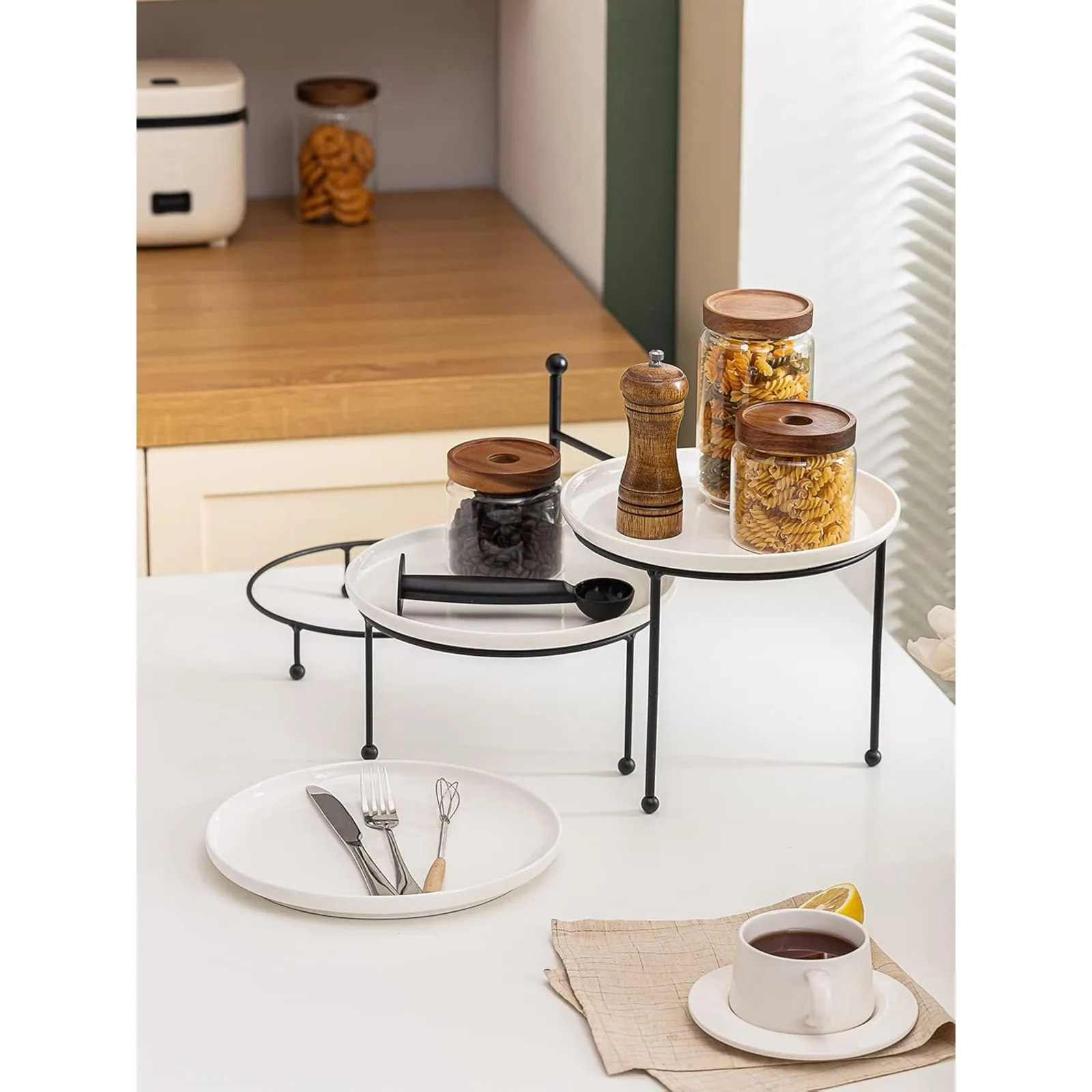 US 3 Tiered Serving Stand with White Porcelain Plates, Tiered Tray Stand, 10" x 10" Tier Serving Trays with Black Metal