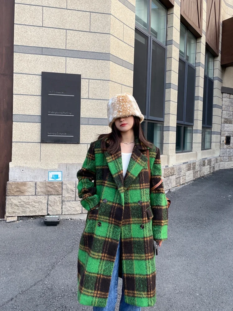 green and black checkered wool coat