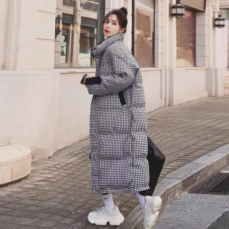 

Thickening Parka Women Winter Long Over-the-knee Cotton Stand Collar Jacket Female Loose Pockets Winter Houndstooth Jacket S77