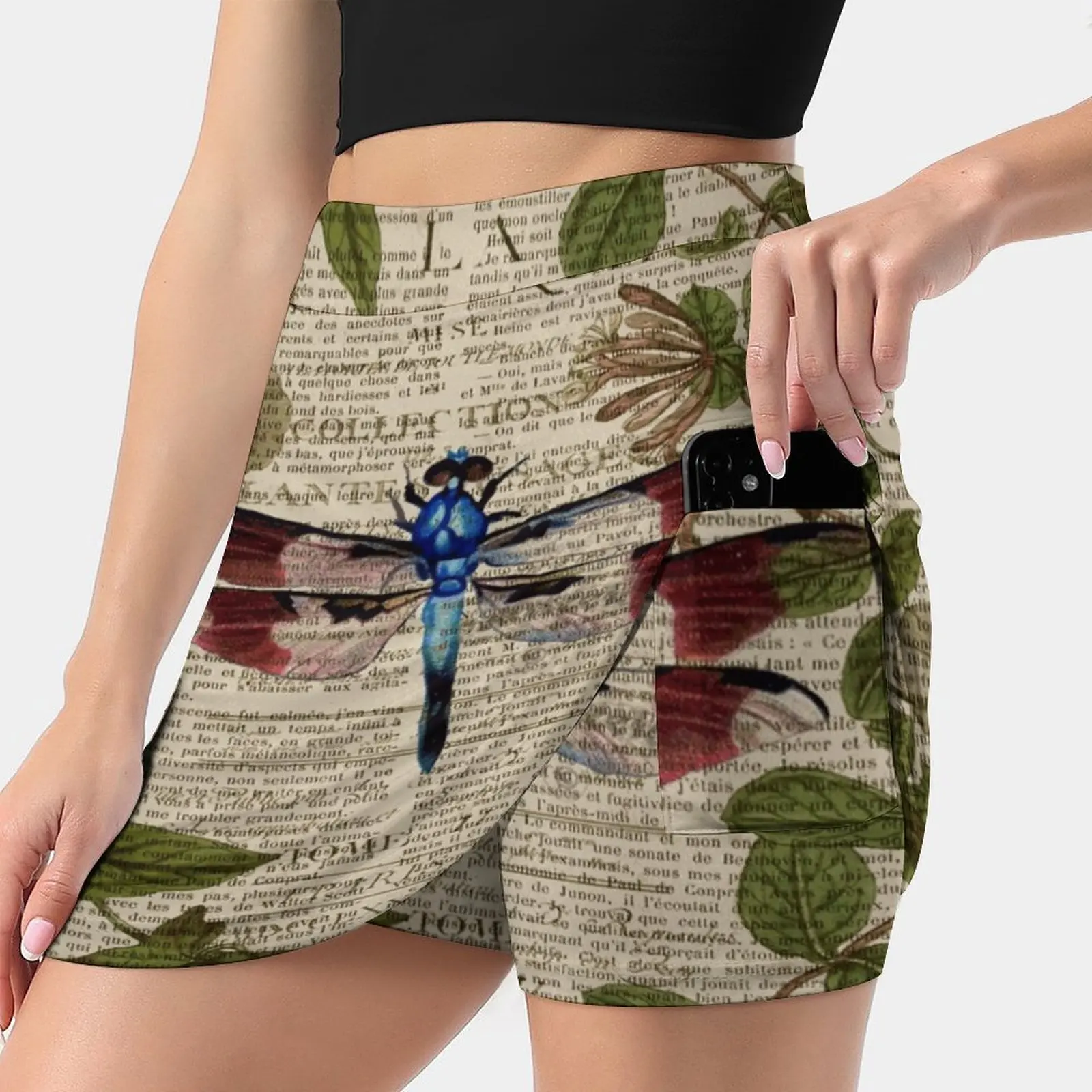 

Modern Leaves Botanical Art Vintage French Dragonfly Women's skirt Sport Skort Skirt With Pocket Fashion Korean Style Skirt 4Xl