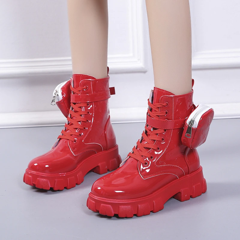 Botas cortas con de bolsillo para mujer, botines rojos cuero sintético con de pantorrilla, cordones cruzados, novedad, Otoño e Invierno| | - AliExpress
