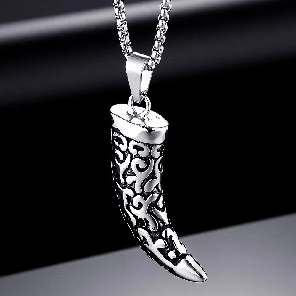 FIREBROS New Stainless Steel Horn Wolf Tooth Pendant Necklace 24" Chain Women Men Punk Rock Hiphop Jewelry Dropshipping