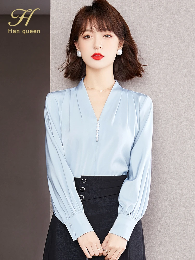 H Han Queen Autumn Elegant V-Neck Vintage Chiffon Blouse Female Shirt  Office Tops Long Sleeve Casual Blusas Women Loose Blouses