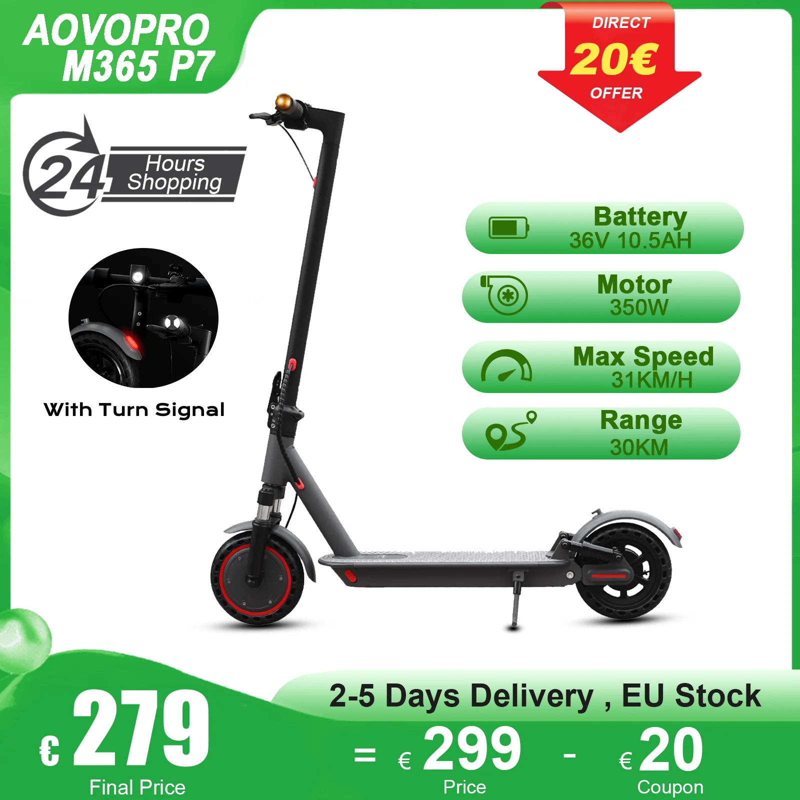 Trottinette Électrique AOVO X7 10 Pouces Pneu 350W Moteur 36V 6,4Ah Batterie Amovible 25 km d