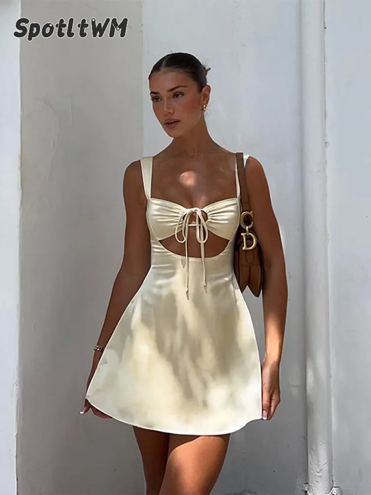 

Women Fashion Hollow Sleeveless Sling Dress Chic Chest Wrap Lace Up High Waisted A-line Dresses Summer Beach Backless Robes