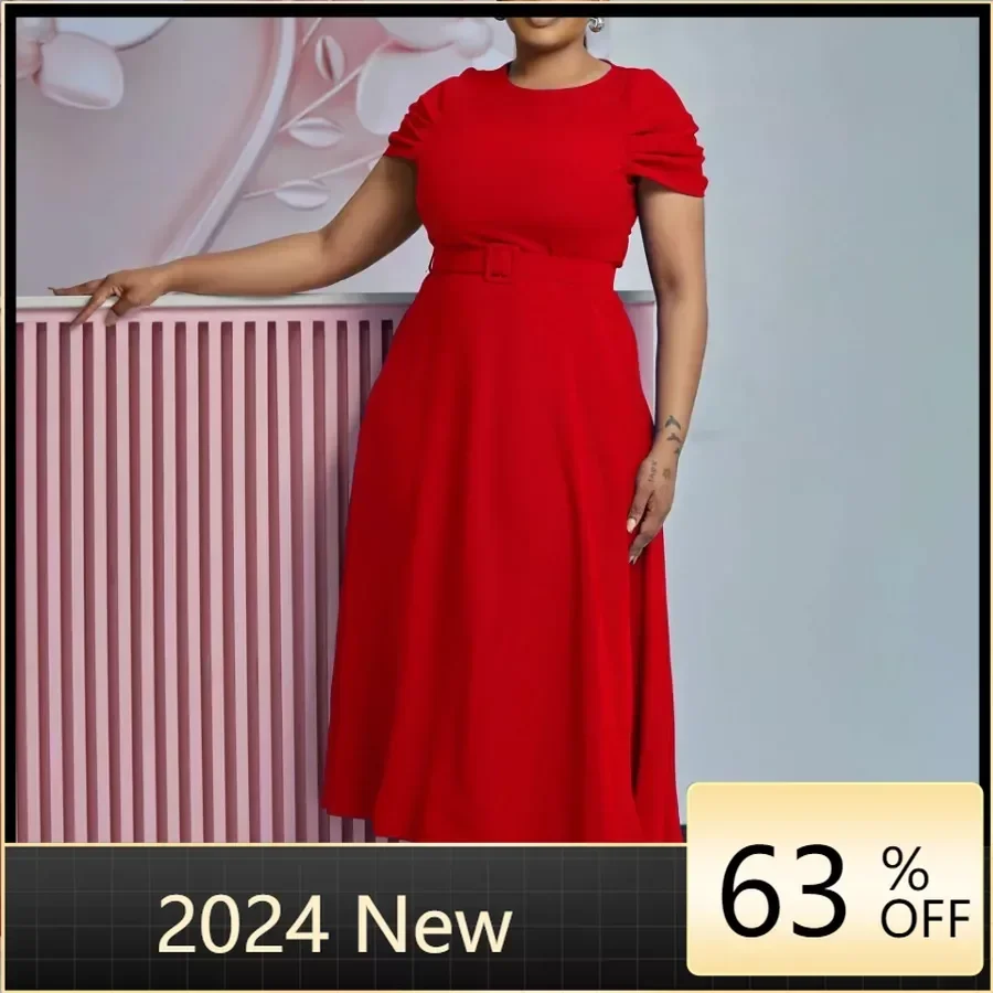 2024 New S-3XL Women O-Neck Half Sleeve Solid Color Office LadyTall Waist Mid-Calf Length Pleated Dresses maternity clothes autumn winter solid color length sleeve pleated knitting dress clothes for pregnant women pregnancy dresses