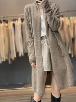 100% Merino Wool Spring Autumn Women's Cardigan Long Sleeve Sweater Solid Color Loose Warm Knitwear Fashion Female Long Coat 1
