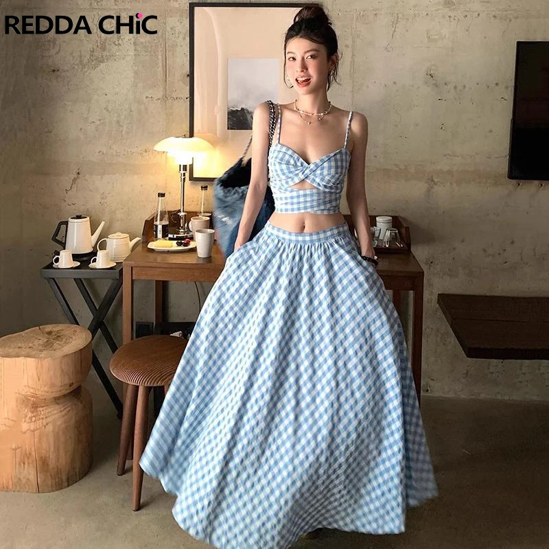 

REDDACHiC Blue Plaid Corset Maxi Skirt Women 2-piece Set Sweet Cute High Rise Long Skirt Bandage Crop Tube Top Summer Beachwear