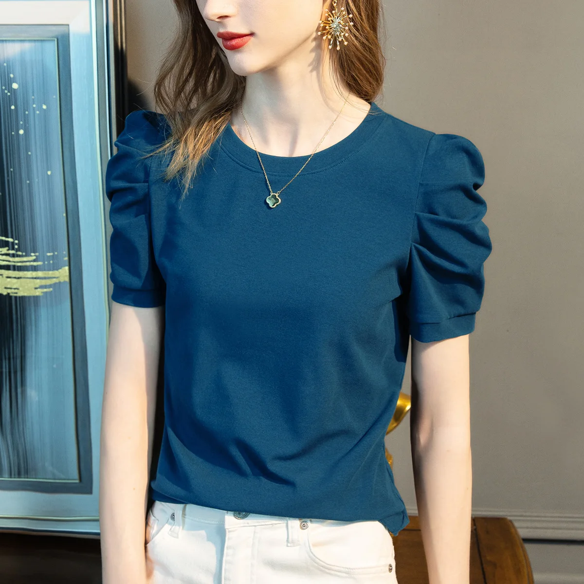 White Short-sleeved T-shirt Women\'s Tshirts Summer New French Puff Sleeves Stretch Cotton Solid Color Basic Y2k Tops Shirts