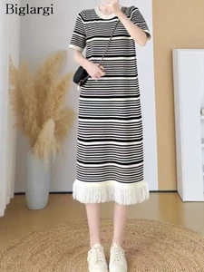 Knitted Summer Striped Print Long Dress Women Fringe Patchwork Fashion Ruffle Pleated Ladies Dresses Loose Korean Woman Dress