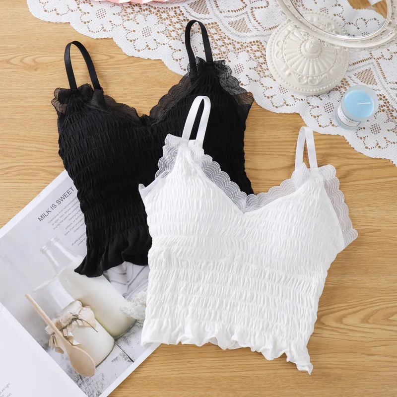 

French Pleated Lace Beautiful Back-wrapped Bra Tube Top Without Rims with Breast Pads Outer Wear Underwear Camisole for Women
