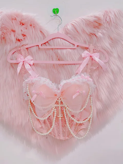 Pink Lace Faux Pearl Cropped Top 6