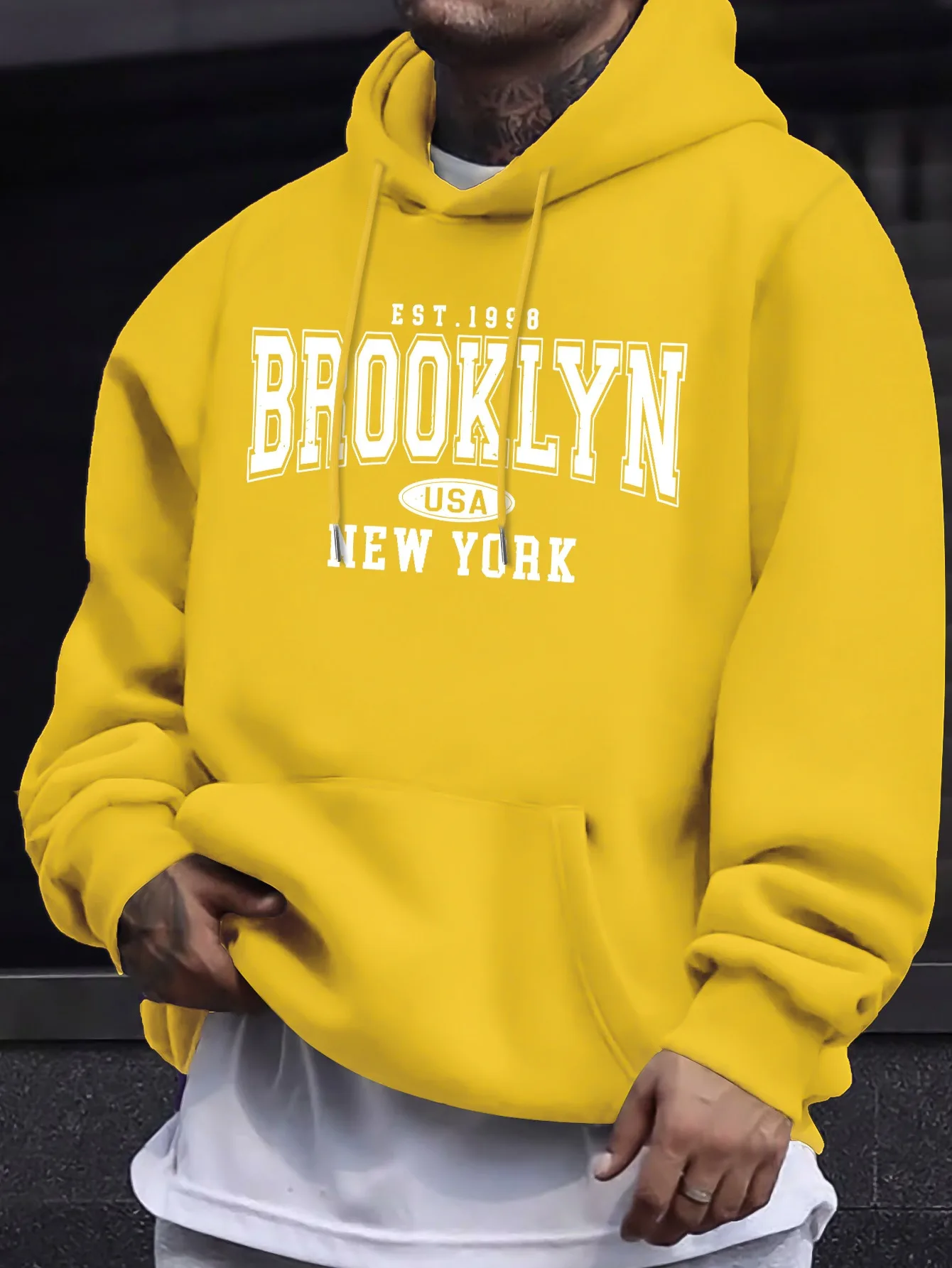 Men's autumn and winter casual fashion loose Brooklyn New York letter printed long sleeved hooded sweatshirt warm pullover