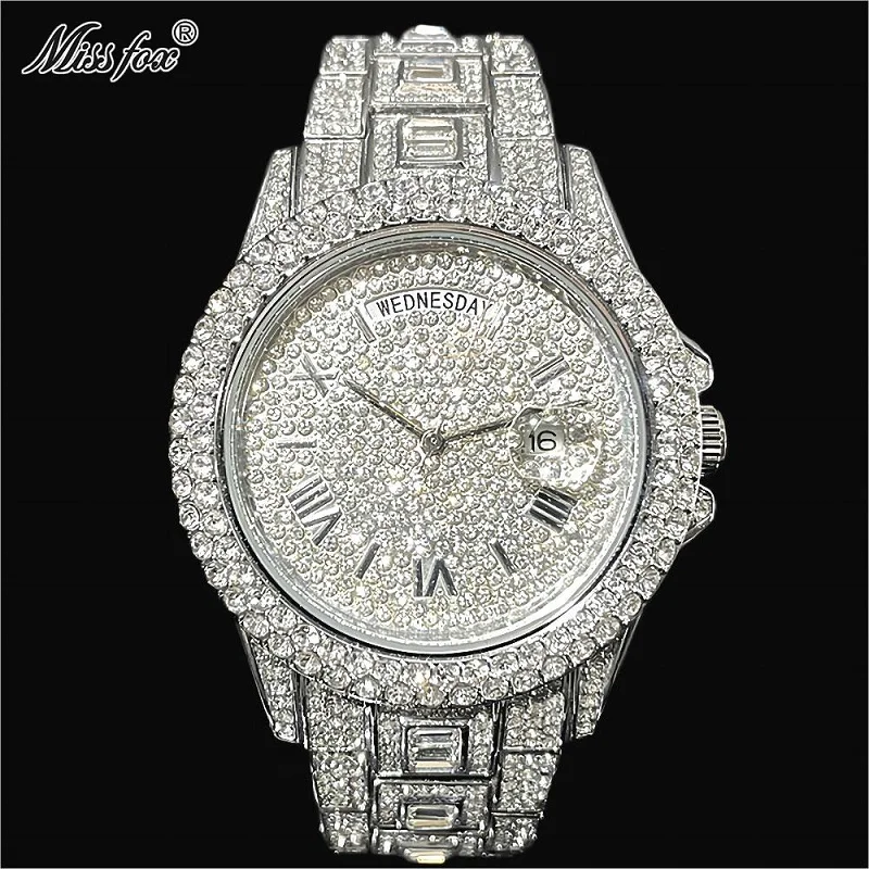 MISSFOX Guldklocka för män Mode Hip Hop Iced Diamond Automatisk kalendervecka Vattentät Quartz Armbandsur Man Reloj_voghion.com
