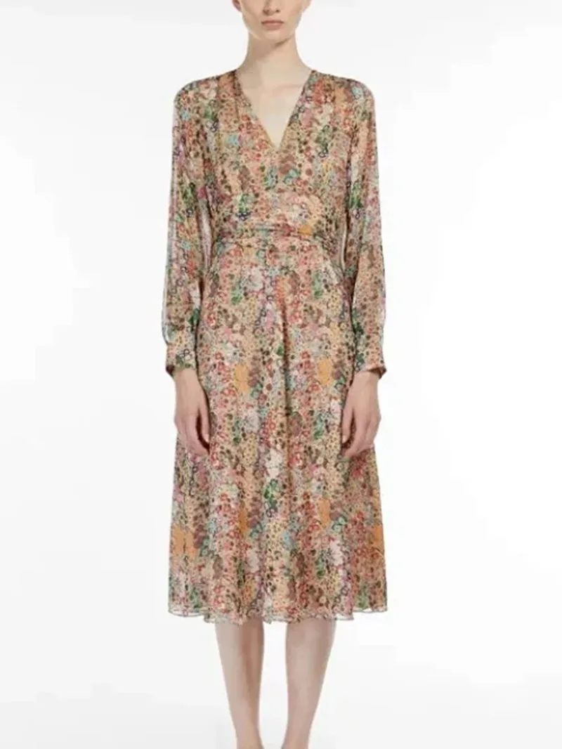 

2022 New High Waist Midi Dress Women V-Neck Floral Printing Prairie Chic Long Sleeve Female Spring and Summer Robe