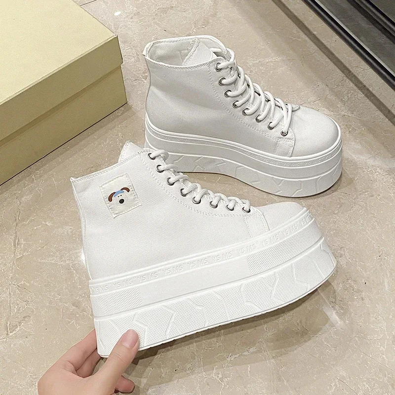 7.5CM 여성 발목 부츠 높은 플랫폼 Vulcanized 신발 웨지 힐 스니커즈 여성 봄 가을 두꺼운 단독 가죽 짧은 부츠