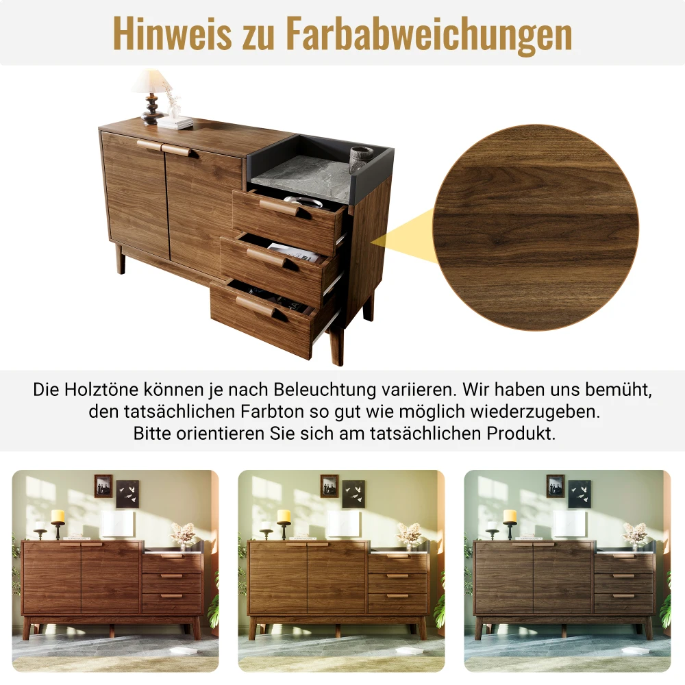 Wohnzimmerkommode mit Eichenholz-Dekor – mit Marmoroptikplatte, offenem Regal + 3 Schubladen und Doppeltürschrank, Beine aus massivem Holz – Detail 9