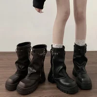 Winter Women Biker Boots Fashion Belt Buckle Ladies Elegant Platform Flats Short Booties Casual Women's Knight Booties - Image 2