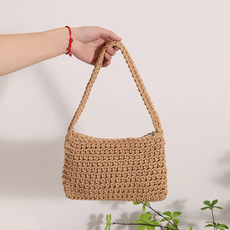 Hollow Out Hobo Bag Summer Colorful Handwoven Shoulder Strap Y2K Womens Fashion Beach Square Trendy Cute Small Straw Pocket Tote