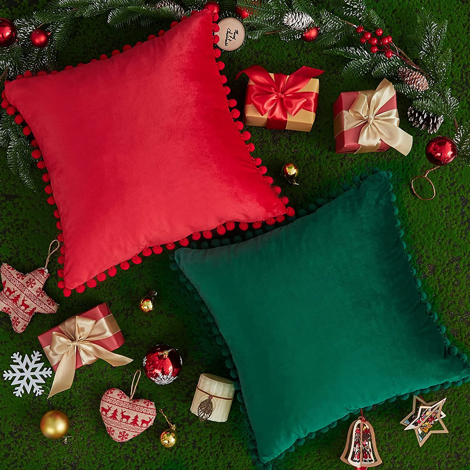 Christmas Soft Velvet Cushion Cover With Pompom Sofa Throw Pillow Case Decorative for Couch Bedroom 30x50 50x50 55x55 60x60cm