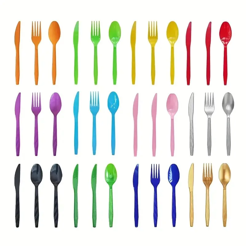 75 sets of reusable multicolor plastic cutlery knives, forks and spoons, which are very suitable for dining parties.