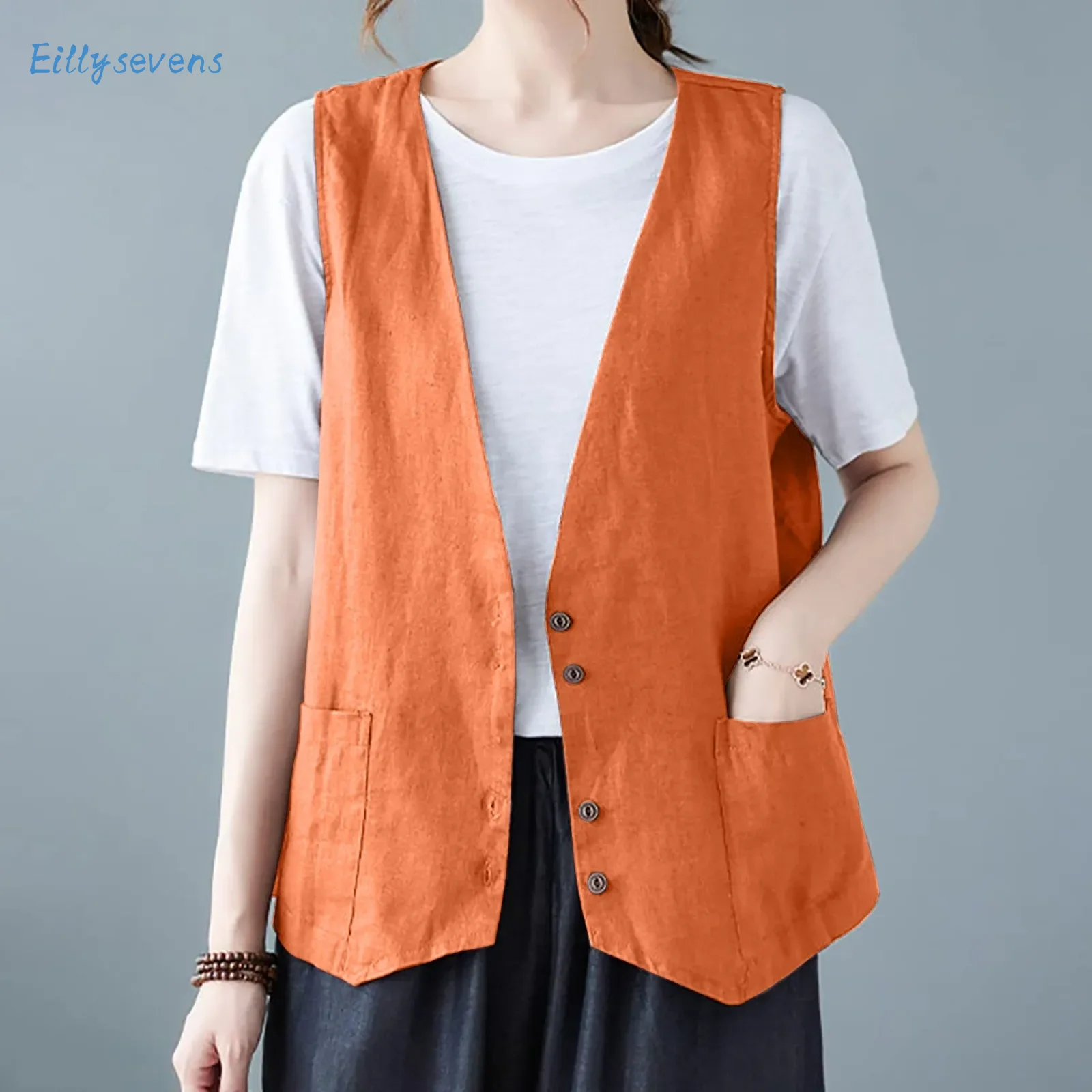 

Women'S Cotton Linen Vests Spring Summer Casual Button Down V Neck Waistcoat Jackets Daily Commute Matching Fashion Simple Vests