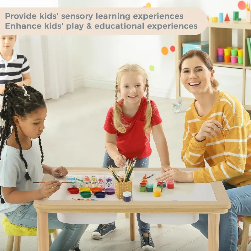 Sensory Table with 2 Chairs & 1 Roll Paper, Multifunction Wooden Sand and Water Table with Double-Side Board
