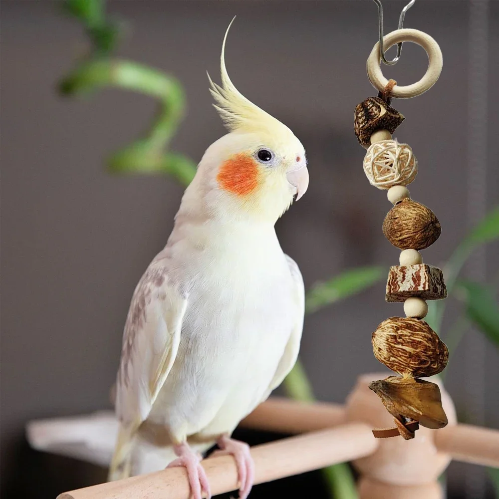1pc Random Color Parrot Chew Toy Wood Rattan Beads Hanging Grinding Toy for Bird Parrot Biting Relief Toys Bird Cage Accessories