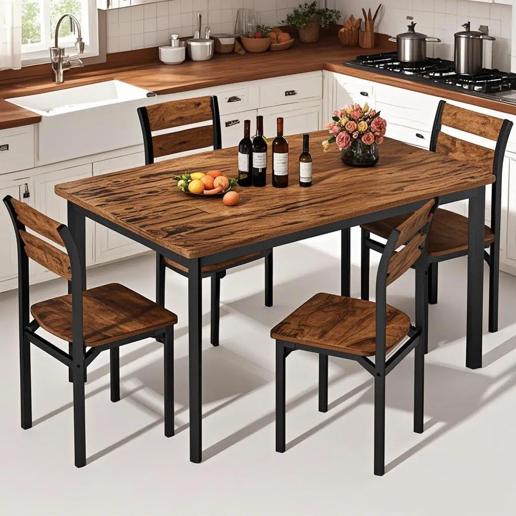 5 Piece Dining Table Set for 4 Farmhouse Kitchen Apartment Rustic Brown ...