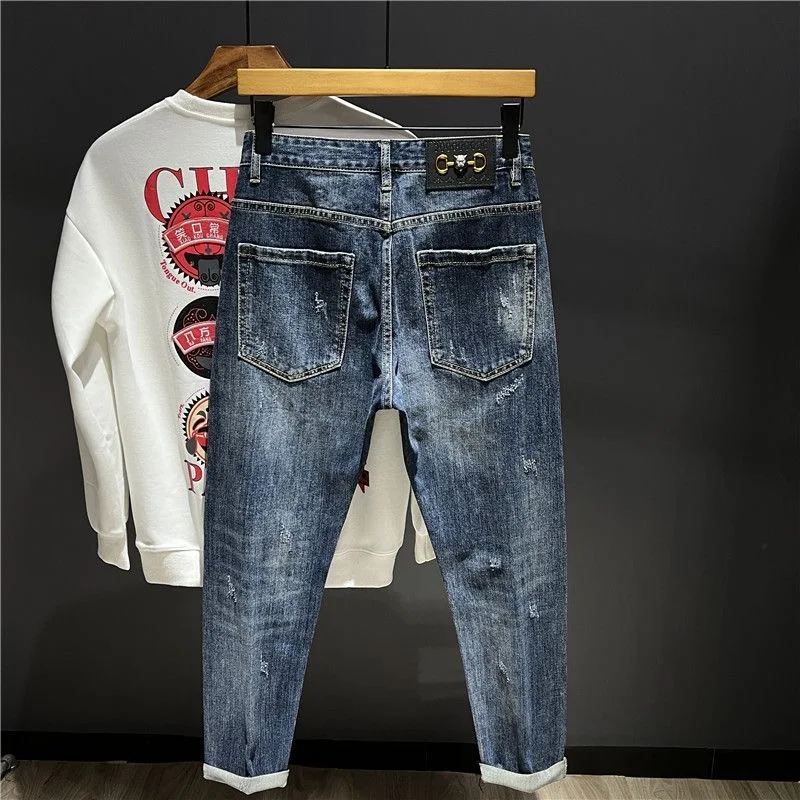 Spring and Autumn New Men's Fashion Trend Ripped Patch Small Foot Pants Men's Casual Slim Comfortable High-Quality Jeans