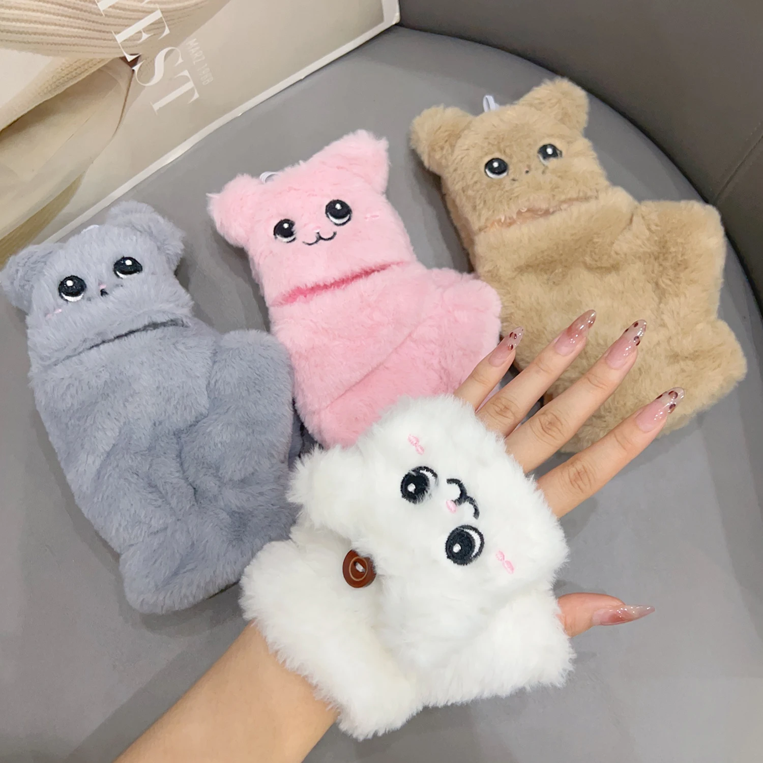 Kawaii Animals Fur Mittens Winter Warm Gloves for Children Kids Ear Flip Mitten Plush Glove Fingerless Thicken Glove Finger Gift