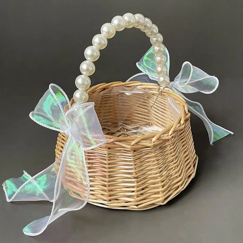 Wicker Rattan Flower Child Basket with Pearl Handle and Bowknot Hand Woven Flower Basket Wicker Basket for Wedding Party 2